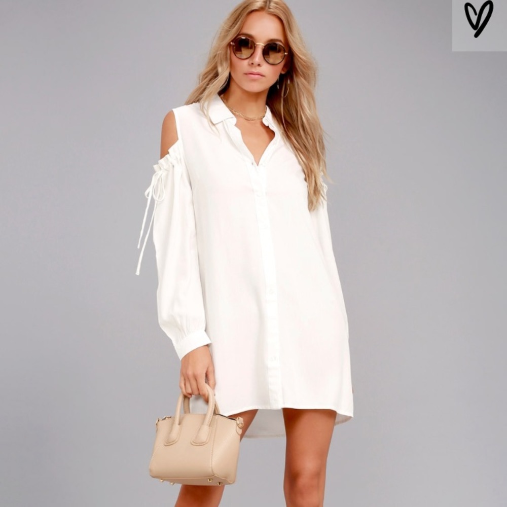 Take Care White Cold Shoulder Shirt Dress